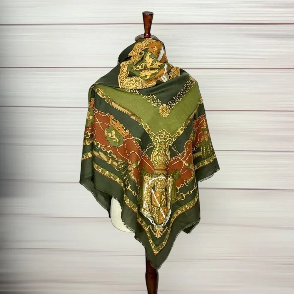 Art of the Scarf Large Square Scarf Shawl Baroque Style Green Terracotta  Italy